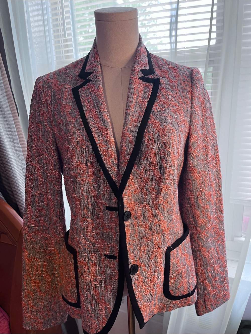 Anne Klein Orange Tweed Blazer with Black Trim